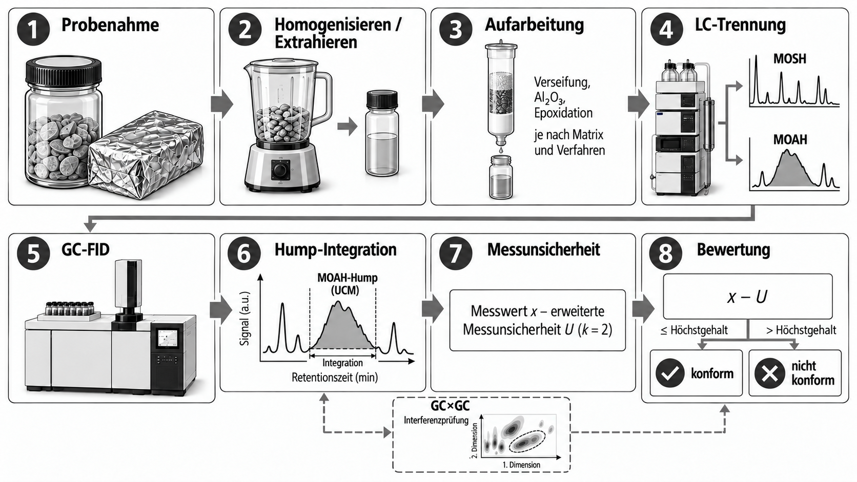 Achtstufiger Arbeitsablauf von Probenahme und Analytik bis zur Bewertung von MOSH und MOAH